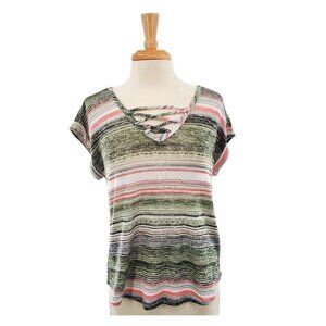 Almost Famous Womens Short Sleeve Striped Blouse Size Large V-Neck Multicolor‎